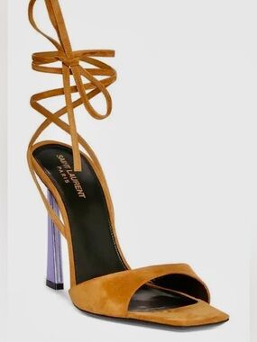 YSL Saint Laurent Sandal Womens Paz 105 Ankle Tie Leather High Heel Cumino Metal